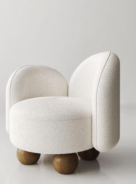 田野川美人式现代白色沙发椅用阳台休闲家椅IEQ圆球木腿绒布单椅