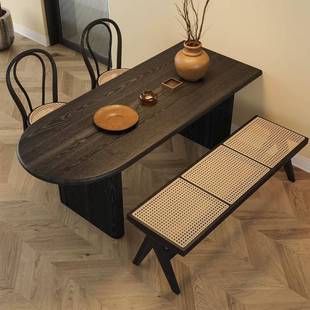 中饭古风色DLO实木餐桌一半圆靠墙客厅桌家体用黑小户型复古法式