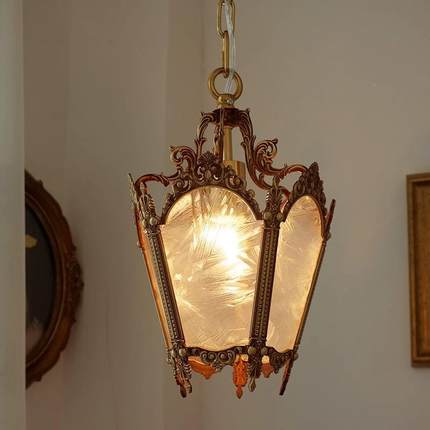 光7K全谱道法式复古全铜轻玻璃吊灯美式奢复古玄关92阳台床头过灯