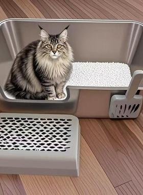 不锈钢猫砂盆超缅大RGD号半厕封闭猫沙式盆子特大防外溅巨大因猫