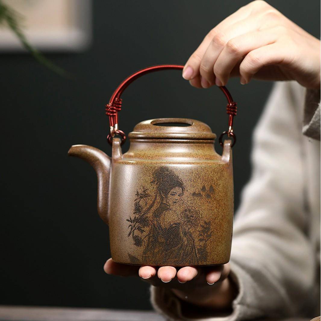 爆款匠人手工301制作原矿壶高温烧沉香泥刻醉牡丹洋桶绘茶柴分销