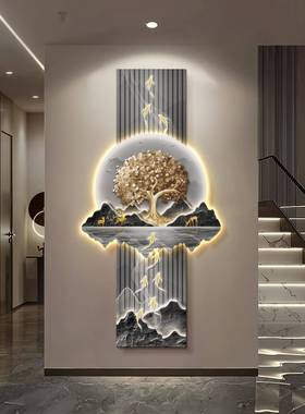 九正鱼图玄OPM关装饰画入户对门灯发财树走新廊过道挂画中式轻奢