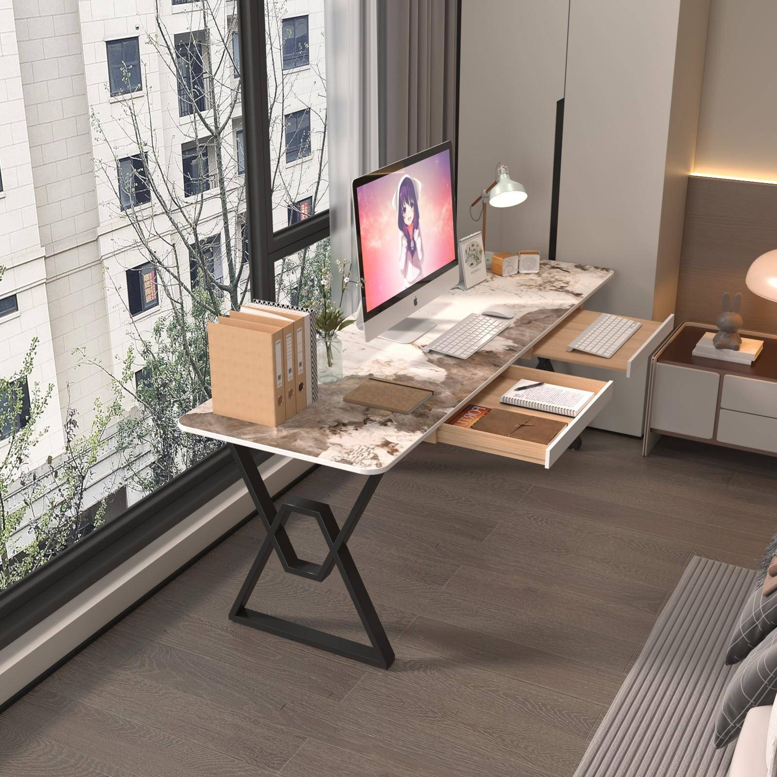 意式极PIV简双长条公桌书房卧极室窄靠墙台式电脑桌工厂现人代办