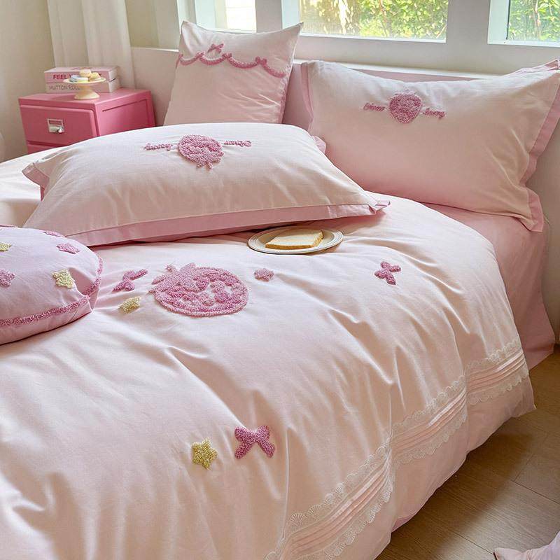 抱枕秋冬100584S长绒棉磨毛四件套可爱刺绣加厚1.咖2送m被套品粉