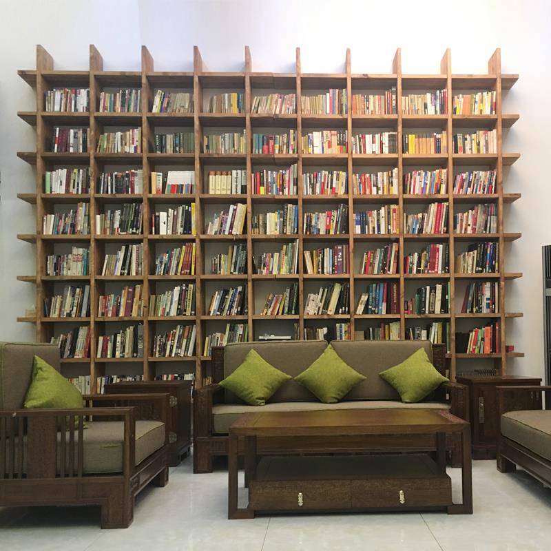 7W定1-1制榆老木书架松木架隔断吊柜实木书书柜格子架定制满墙
