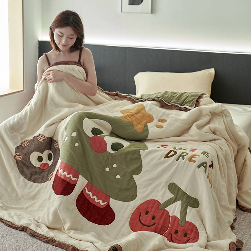 全棉加厚多层纱泡芙被卡通刺绣纱布盖毯纯棉透气春秋被纤维被