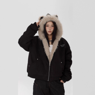 【零碎岛屿】国潮原创德文耳朵座山雕毛领棉服冬季男女麂皮绒外套