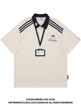 51嘻哈复古慵懒学院风条纹情侣POLO衫夏季美式休闲翻领短袖男女款