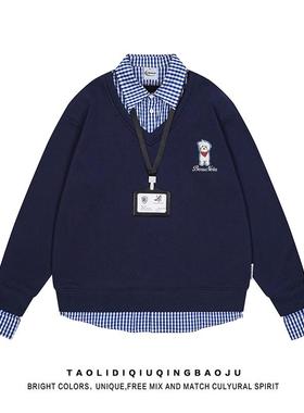 美式复古小狗刺绣假两件卫衣女春秋宽松百搭情侣学院风POLO衫上衣