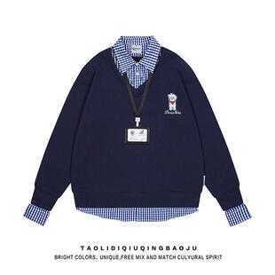 美式复古小狗刺绣假两件卫衣女春秋宽松百搭情侣学院风POLO衫上衣