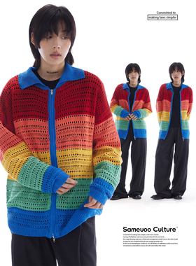 散养文化彩虹针织开衫外搭女夏季外套多巴胺镂空防晒罩衫薄纱上衣