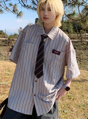 Ja1从不熬夜 日系复古港风条纹衬衫女短袖少年感中性宽松上衣男