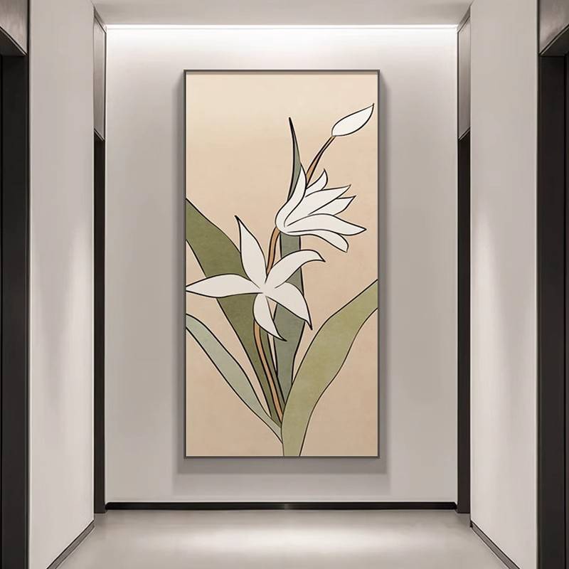 现代简约进门玄关装饰画水仙花卉墙面壁画奶油风走廊过道竖版挂画图片
