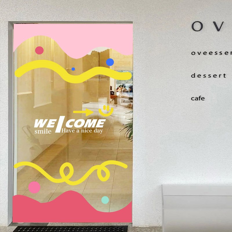 速发在可爱的色彩线欢口门贴纸奶茶蛋糕璃窗迎玻店门装饰贴纸