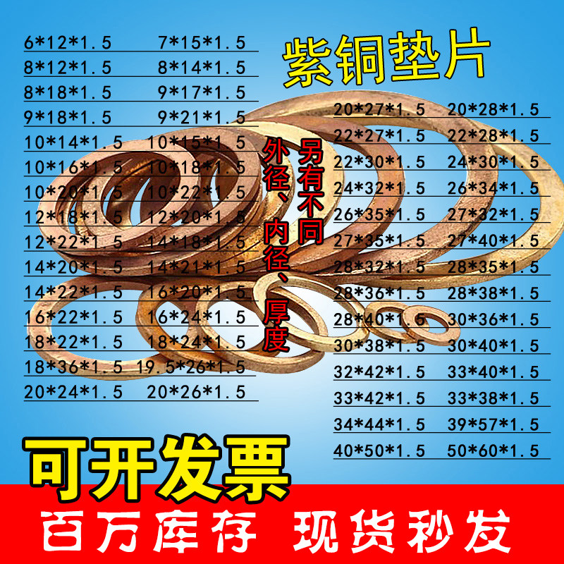 速发紫铜垫片1.5mm紫铜密1圈M15M16M垫7M18M20M21M22M24M25M26M27
