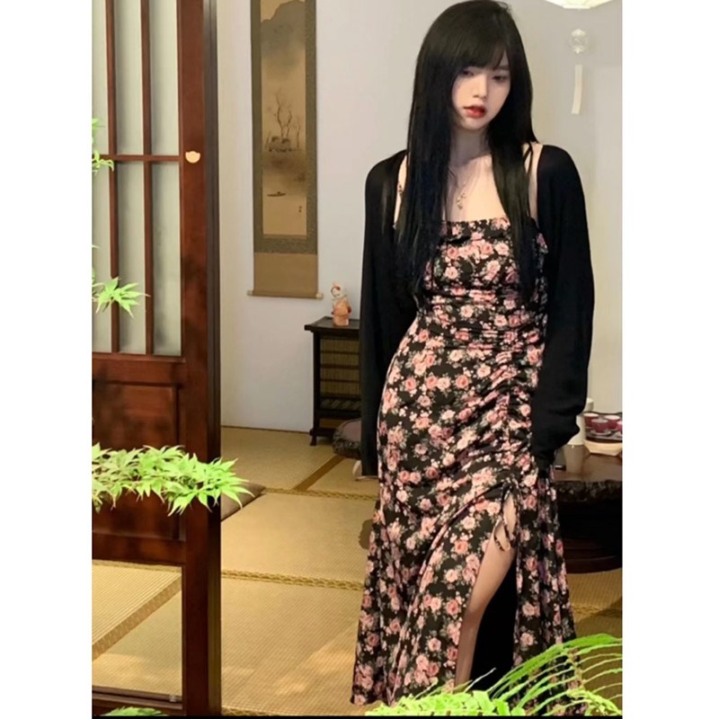 速发卡布斯辣微胖氛围感纯欲碎花吊带裙+防嗮开衫夏套装