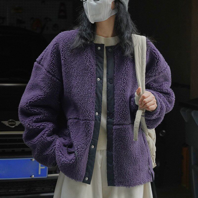 速发季色保暖羊羔毛外冬套紫新款廓形宽松软糯亲肤外套