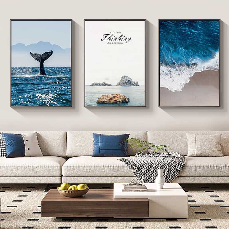 好久不见客厅装饰画现代简约沙发背景墙挂画大海风景三联壁画