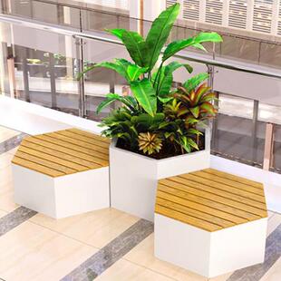 户外玻璃钢坐凳异形防腐木不锈钢座椅金属六边形花盆休闲椅子