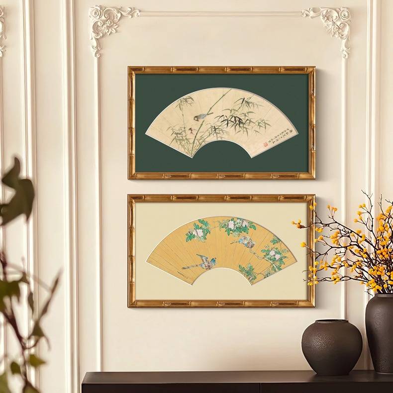 法式实木卡纸中国风客厅装饰画扇形中式复古餐厅挂画中古山水风景图片