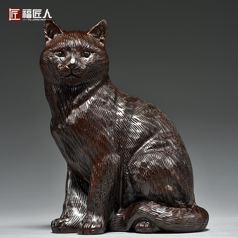 黑檀木雕新中式可爱猫咪摆件