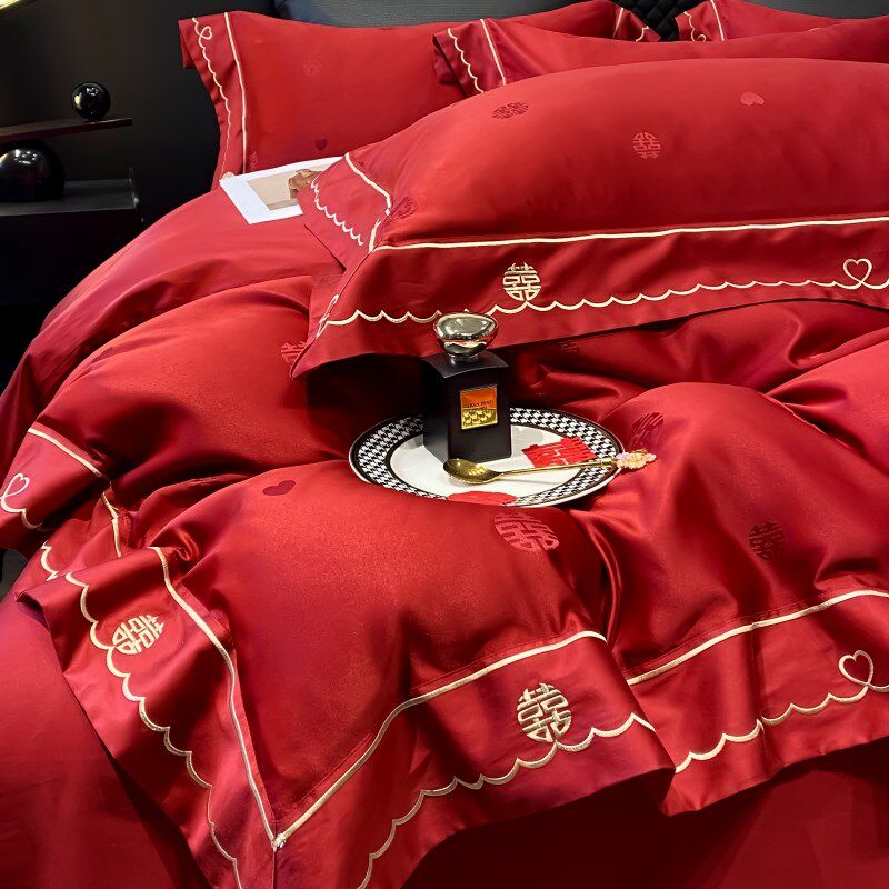 高级感大喜结婚庆全棉四件套贡缎提花刺I绣被套大红色陪嫁床上用