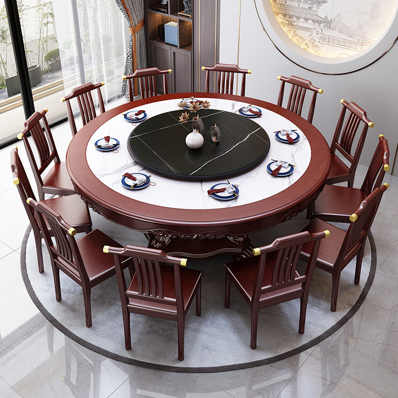 实木餐桌椅组合i新中式岩板大圆桌带转盘酒店餐厅包厢10人聚会饭,住宅家具,岩板餐桌,淘宝优惠券,粉丝福利购,淘宝优惠卷