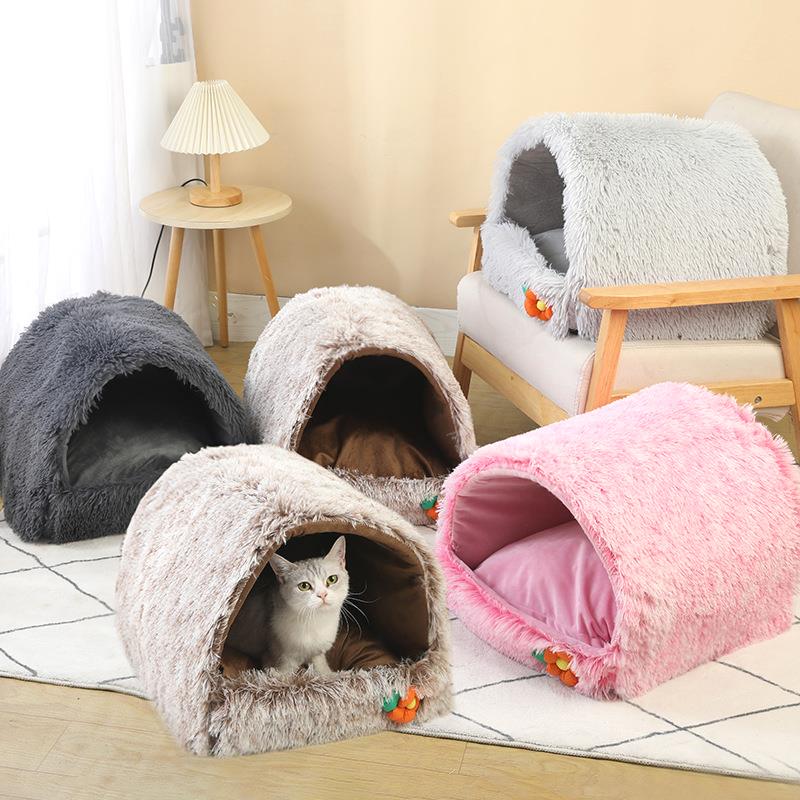 厂家四季通用宠物窝半封闭式猫窝加绒保暖宠物房子狗窝可压缩猫床