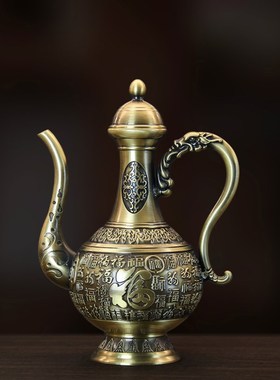 黄铜拉丝铜壶荷花高酒壶龙u凤铜酒壶家居创意铜器摆件御用百福酒