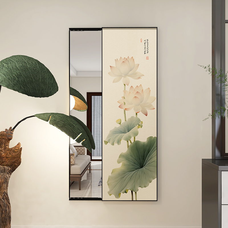 中式荷花玄关全身镜隐藏式家用壁挂画F可关闭卧室穿衣镜推拉装饰