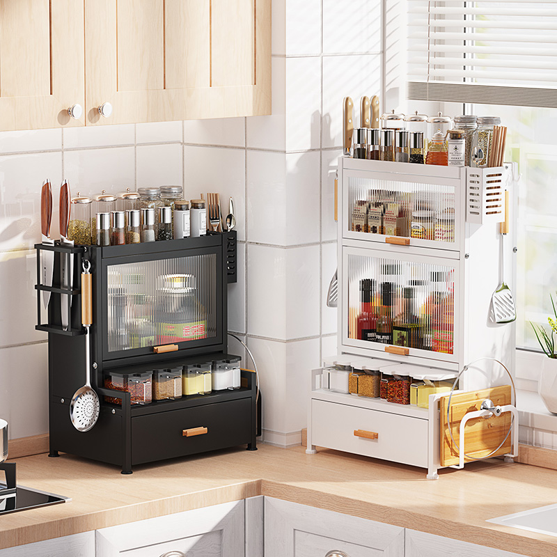 厨房调味品置物架家n用台面双层调味罐架防尘带盖子酱油架调料品