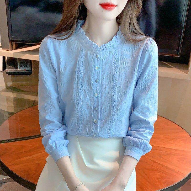 广东普宁衬衣女春秋季2026年新款女装木耳领纯棉洋气提花刺绣上衣