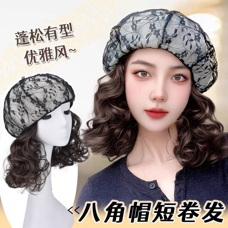 义乌市乐善假发有限公司假发帽子秋冬新款蕾丝花朵带头发假发帽中