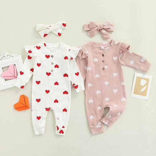 Newborn Baby Girls Valentine's Day Romper Ruffle Ribbed Body