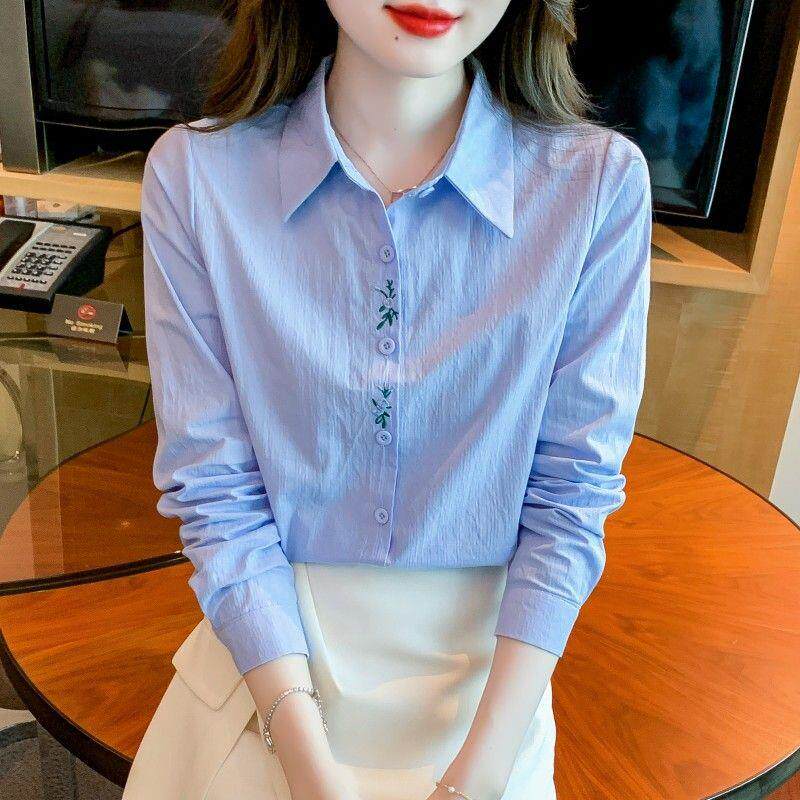 广东普宁衬衣女春秋2026年新款女装时尚刺绣花纯棉洋气长袖上衣
