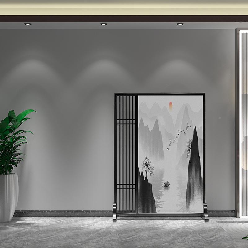 中式家山客厅餐厅酒店布艺水画-隔断屏风用入户镂空花格装饰玄关图片
