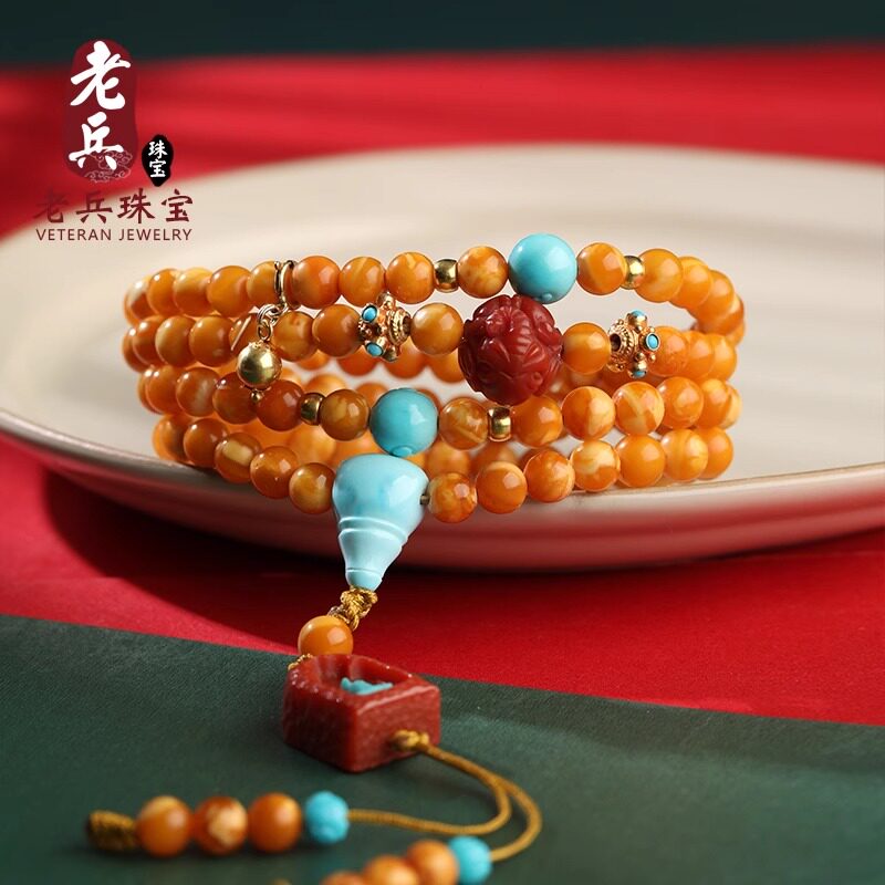 《老兵珠宝》传世古董老蜜蜡手串无忧化红皮保真老蜡饼手串圆珠27