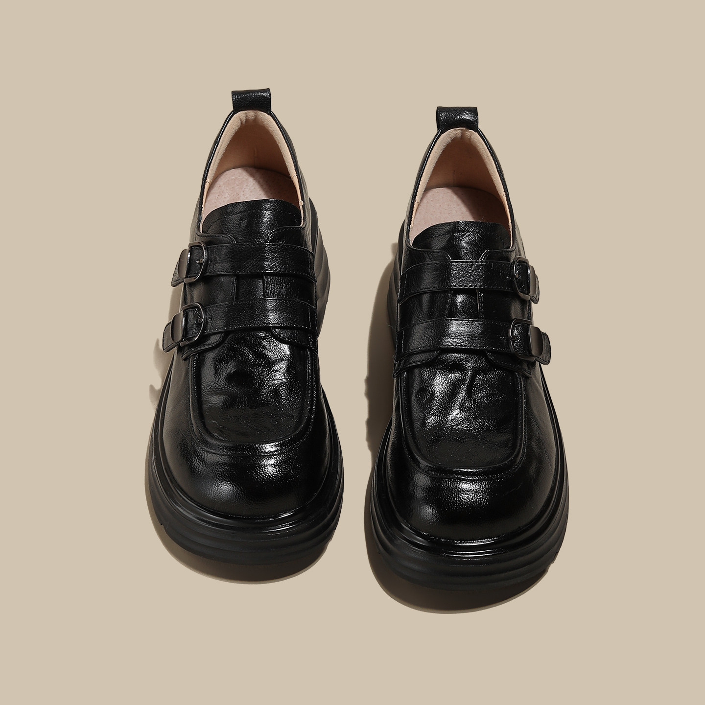 英伦风羊皮乐福鞋女款2026新款冬厚底复古黑色小皮鞋增高百搭单鞋