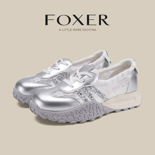 FOXER蕾丝网面德训鞋女厚底增高