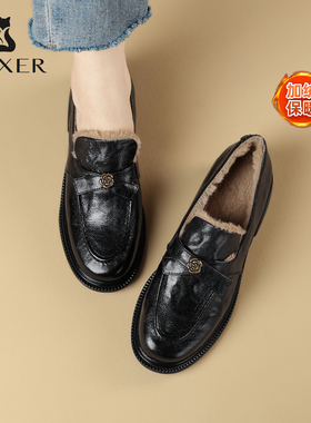 小羊皮英伦风乐福鞋女款冬加绒粗跟保暖通勤黑色真皮小皮鞋百搭