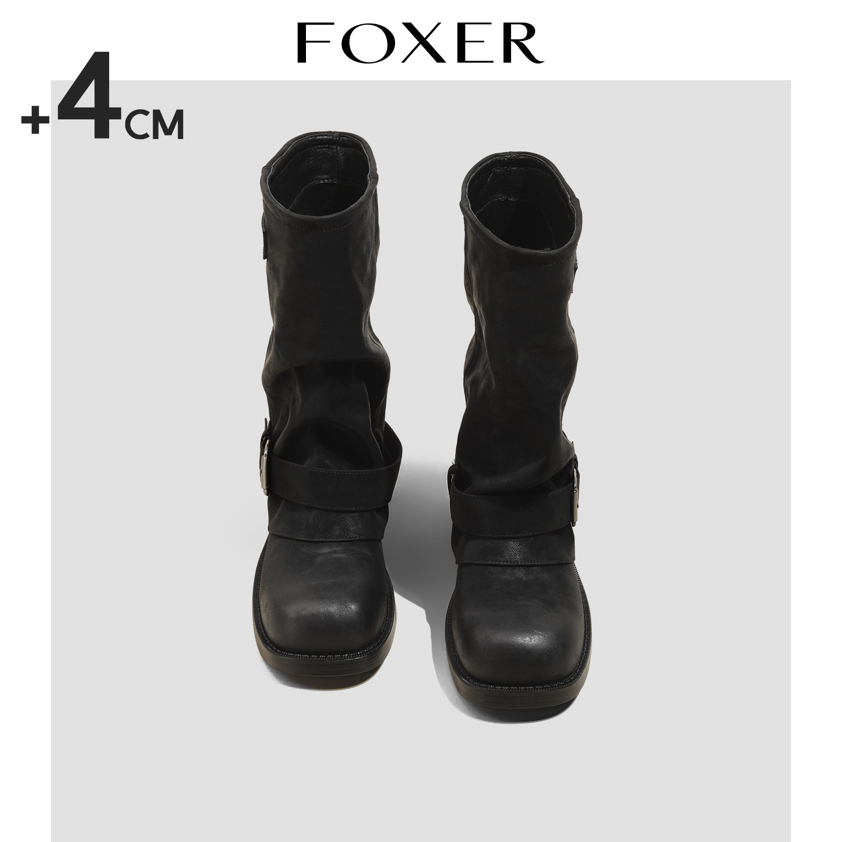 FOXER复古黑色裤管靴女百搭粗跟