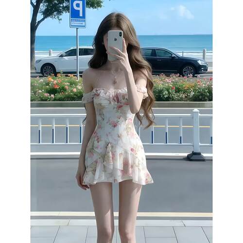 THE AIER褶皱复古法式短裙碎花脖立体女荷叶纯欲风边浪漫连衣裙挂