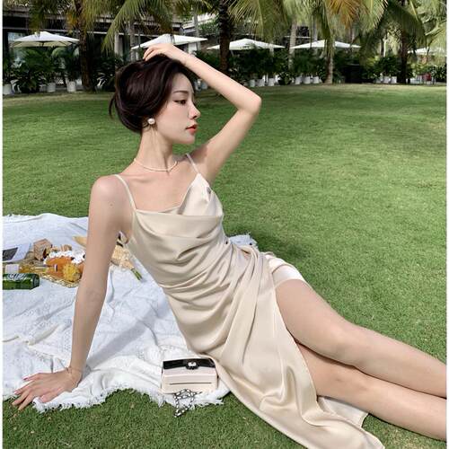 THE AIER女感缎面洋气修身开叉气质夏季吊带裙无袖连衣裙法式丝绸