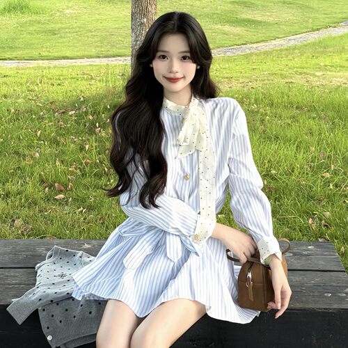 THE AIER法式裙子蝴蝶结学院瘦连衣裙气质风显女秋季条纹蓝色新款