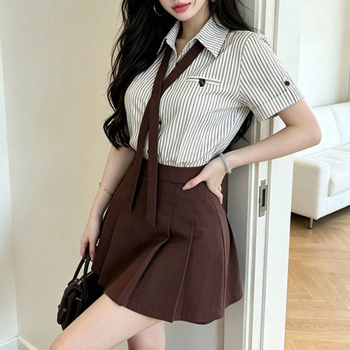 THE AIER减龄衬衫两件高腰百褶半身裙新款条纹复古polo风夏季学院