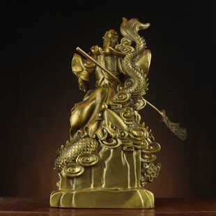 速发铜关公神财 关圣君黄铜武像神摆件 站龙骑龙关公关二爷站关公