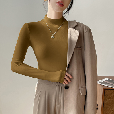 速发毛黄半高领打底衫内袖秋冬小立领上衣磨芥加绒长搭T恤2024新