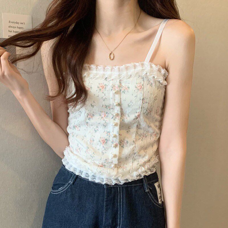 速发辣妹碎花小吊带春夏蕾丝背心大码内搭带胸垫外穿抹上美胸背衣