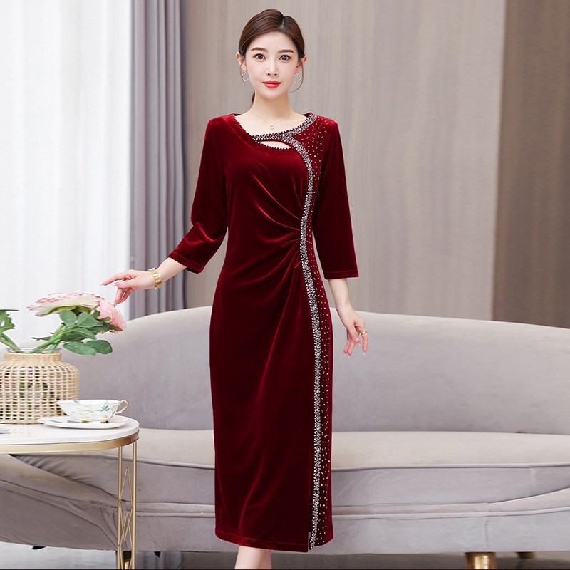 婆婆喜服金丝绒妈妈婚宴礼服裙子平时可穿高贵W红色连衣裙装