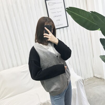 速发特不退织U拼色开衫8202 早春新款针色换撞色宽松V领毛衣